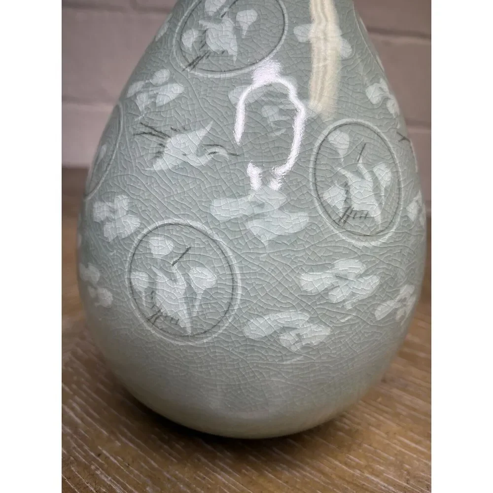 Korean Celadon Bottle Yuhuchun Vase Crane Clouds Signed‎ 12.5